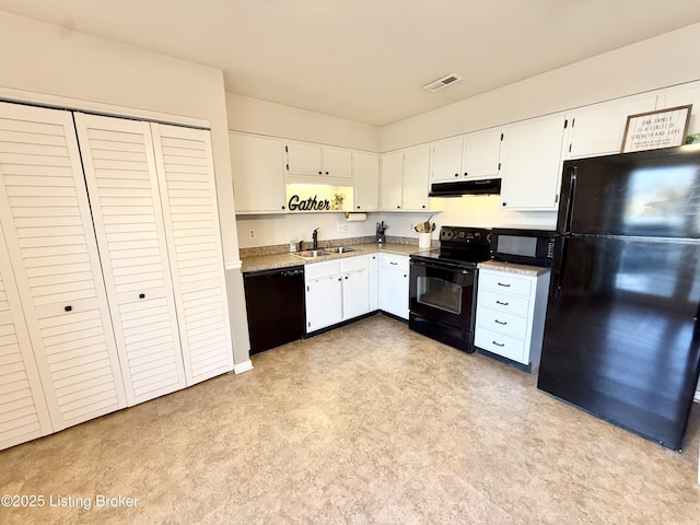 kitchen with white cabinetry, sink, and black appliances