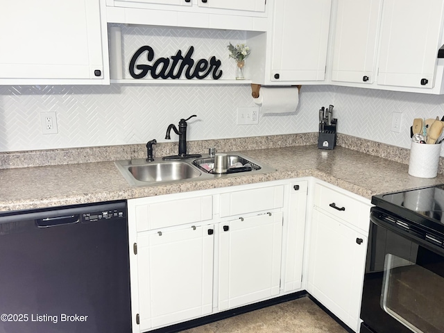 kitchen with tasteful backsplash, white cabinets, sink, and black appliances