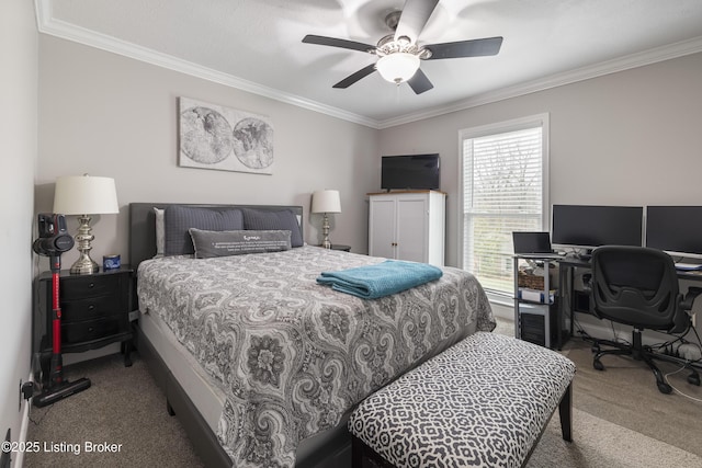 carpeted bedroom with crown molding and ceiling fan