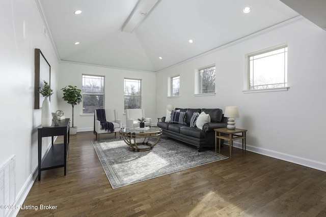 living room with lofted ceiling with beams, visible vents, dark wood finished floors, and ornamental molding