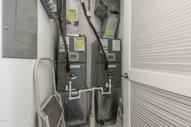 utility room featuring electric panel and heating unit