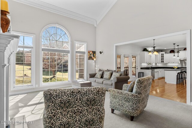 living room featuring ornamental molding, light wood-style flooring, and high vaulted ceiling