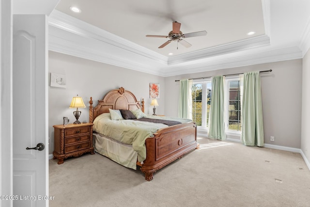 bedroom with recessed lighting, carpet flooring, a raised ceiling, and baseboards