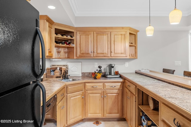 kitchen with open shelves, a sink, hanging light fixtures, ornamental molding, and black appliances