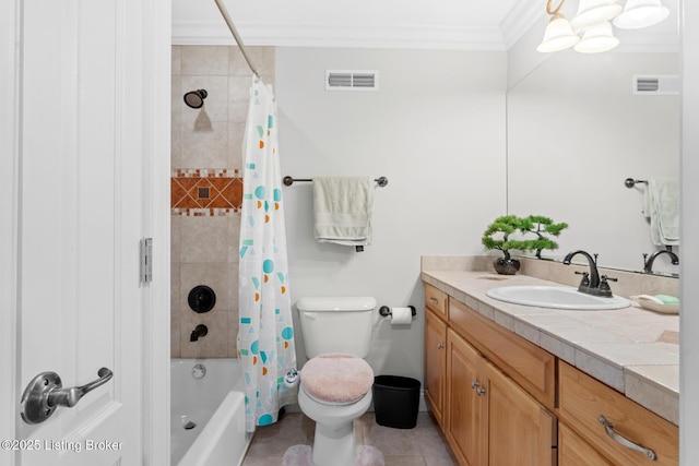 full bathroom featuring toilet, vanity, visible vents, and ornamental molding