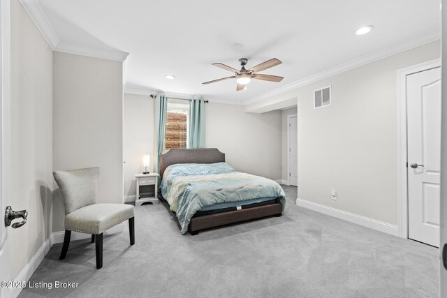 bedroom featuring carpet floors, crown molding, recessed lighting, visible vents, and baseboards