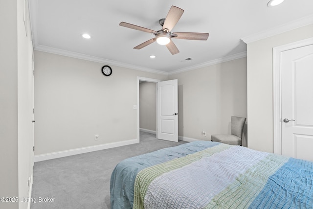 carpeted bedroom with baseboards, recessed lighting, visible vents, and crown molding