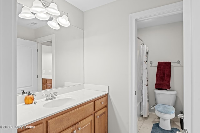 bathroom with visible vents, a shower with shower curtain, toilet, tile patterned flooring, and vanity