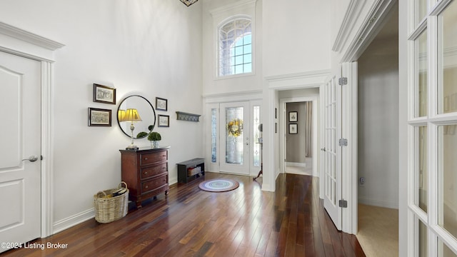 entrance foyer featuring a towering ceiling and dark hardwood / wood-style floors