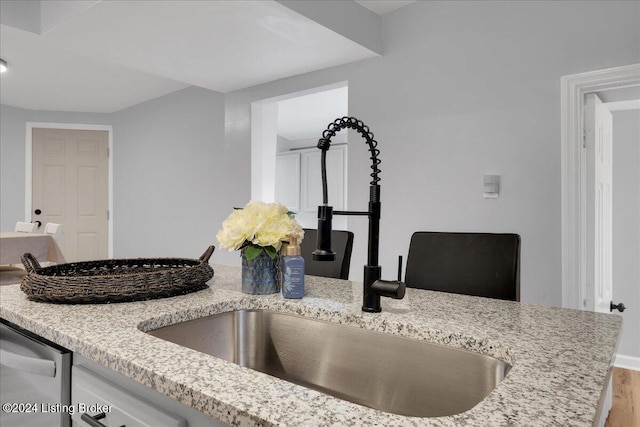 details with light stone counters, dishwasher, and sink