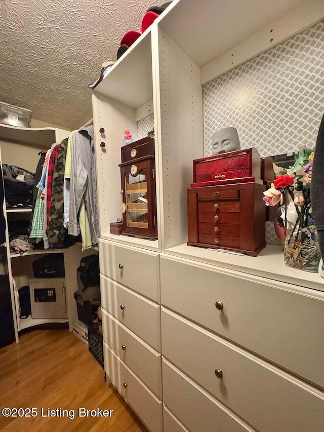 walk in closet with light hardwood / wood-style flooring