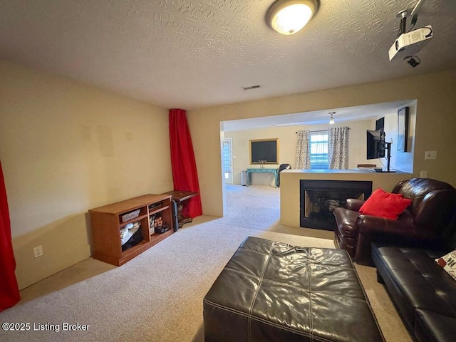 carpeted living room featuring a textured ceiling