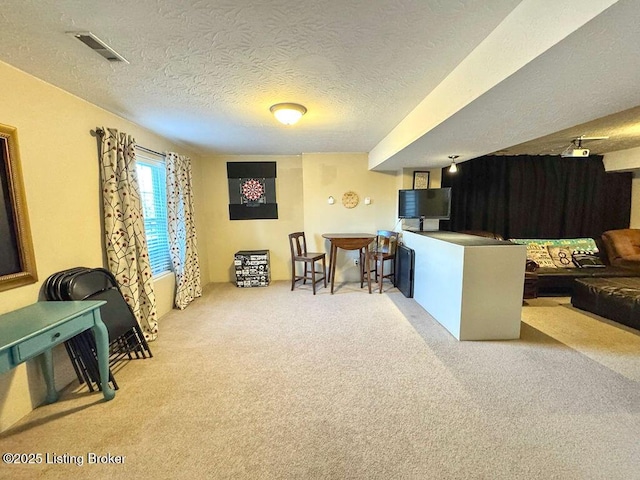 living room featuring light carpet and a textured ceiling