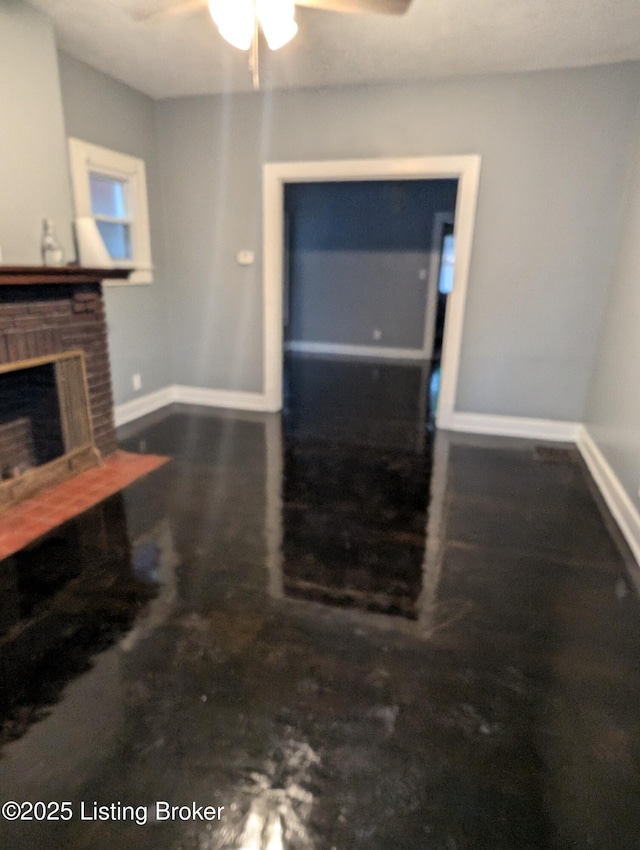 living room with ceiling fan and a brick fireplace