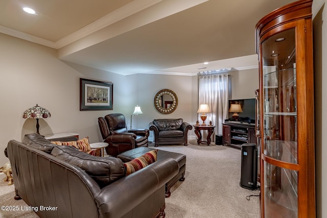 carpeted living room featuring crown molding