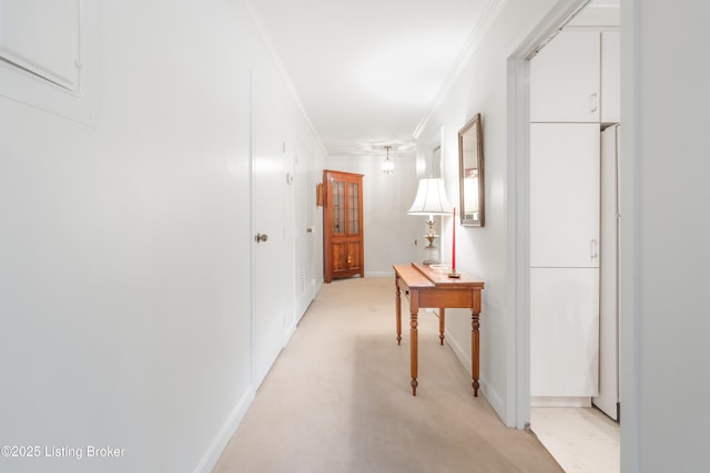 hall with crown molding and light colored carpet