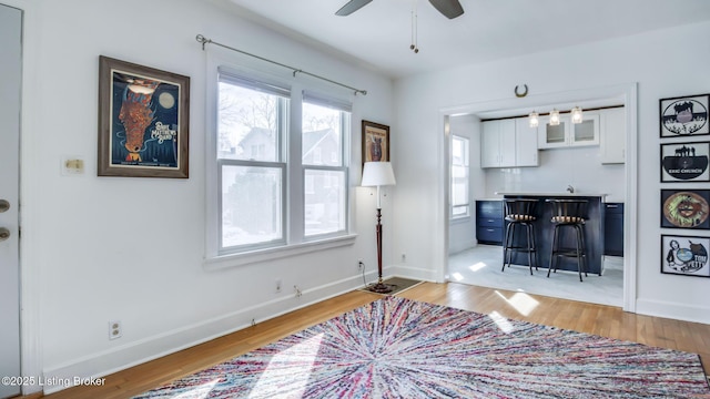 interior space featuring ceiling fan, light hardwood / wood-style floors, and a healthy amount of sunlight