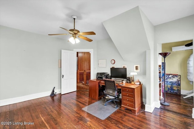 office space featuring ceiling fan and dark hardwood / wood-style floors