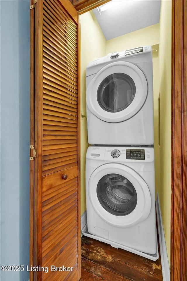 laundry room featuring stacked washing maching and dryer