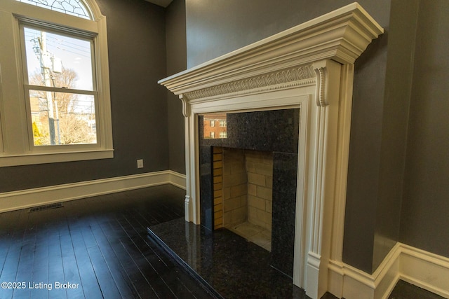 details with a high end fireplace and wood-type flooring