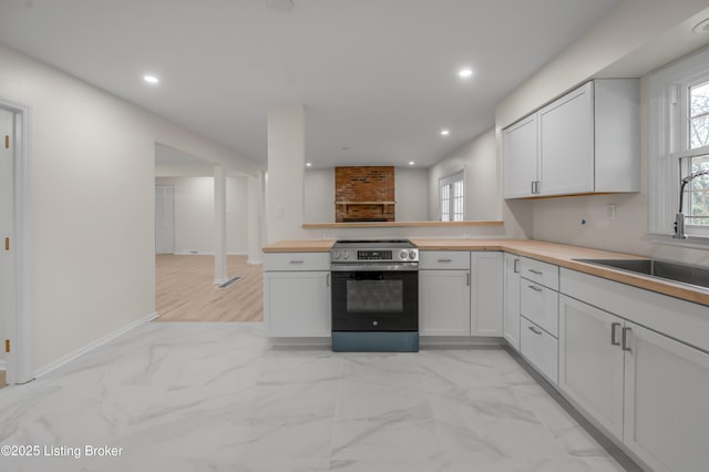 kitchen with sink, wooden counters, white cabinetry, stainless steel electric range oven, and kitchen peninsula