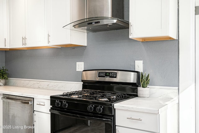 kitchen with black range with gas stovetop, island range hood, dishwasher, and white cabinets