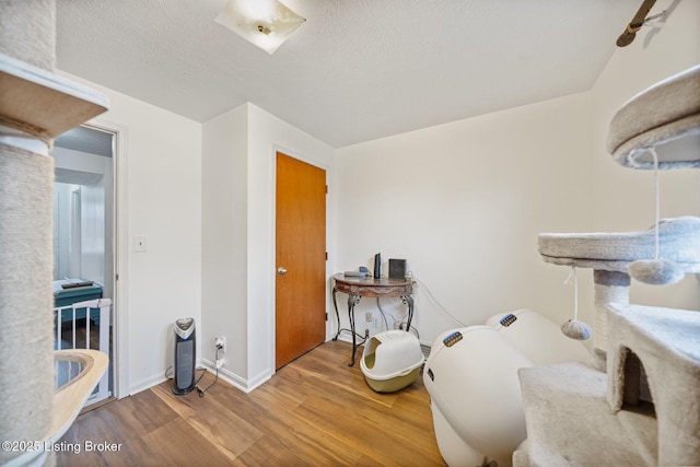 bathroom with wood-type flooring and a textured ceiling