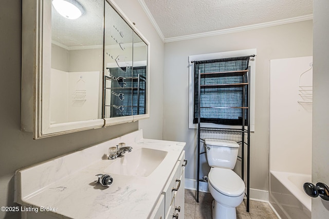 full bathroom with ornamental molding, vanity, toilet, and a textured ceiling