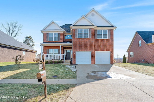 view of front facade featuring a porch, a garage, and a front yard