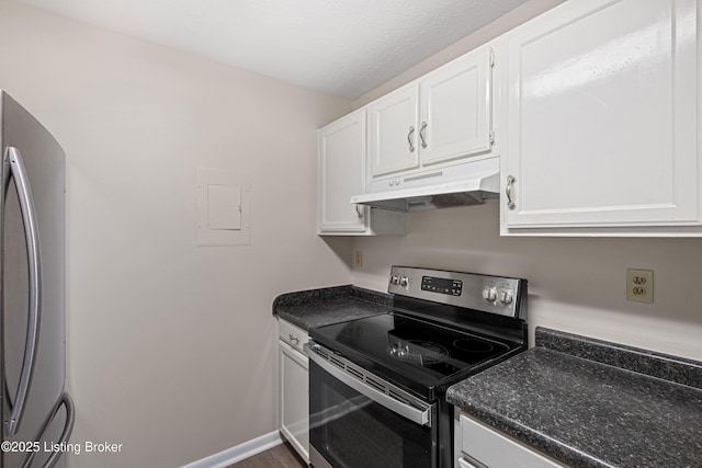 kitchen featuring white cabinetry, a textured ceiling, and appliances with stainless steel finishes