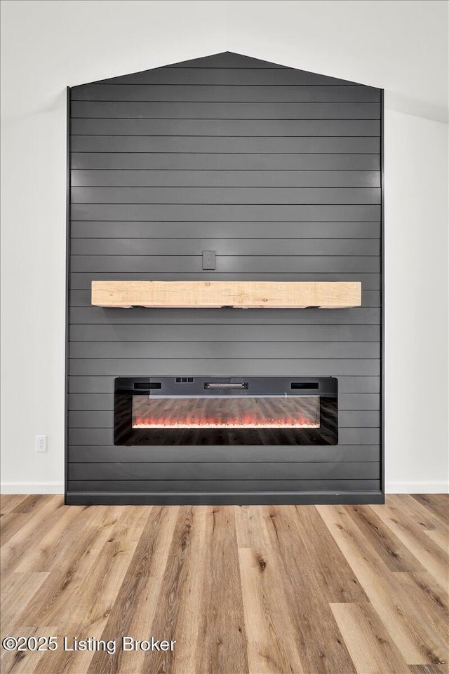 details featuring hardwood / wood-style flooring and a large fireplace