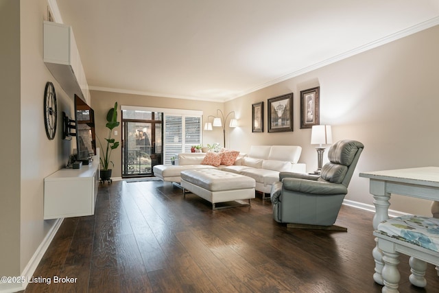 living room featuring dark wood-type flooring and ornamental molding