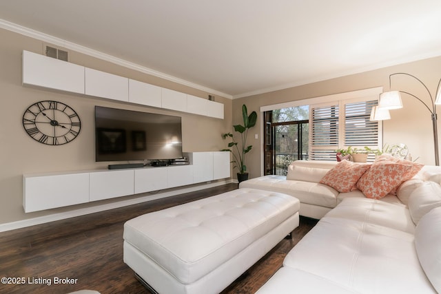 living room featuring crown molding and dark hardwood / wood-style floors