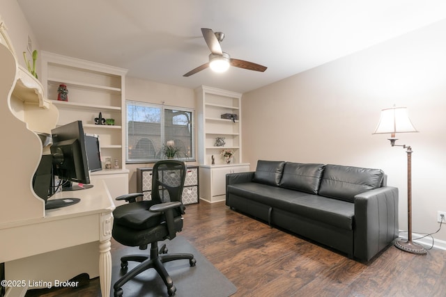 office featuring ceiling fan and dark hardwood / wood-style flooring