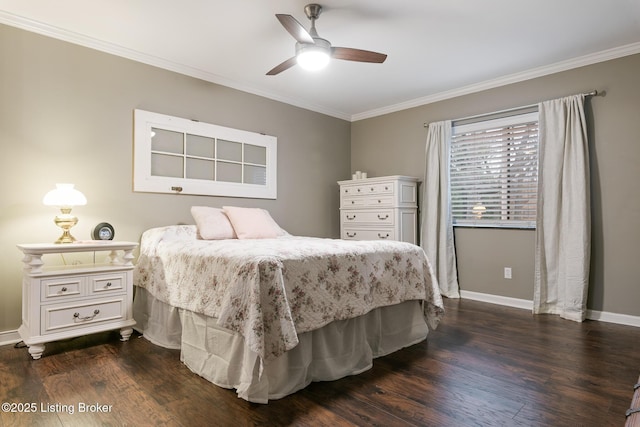 bedroom with dark wood-type flooring, ceiling fan, and crown molding