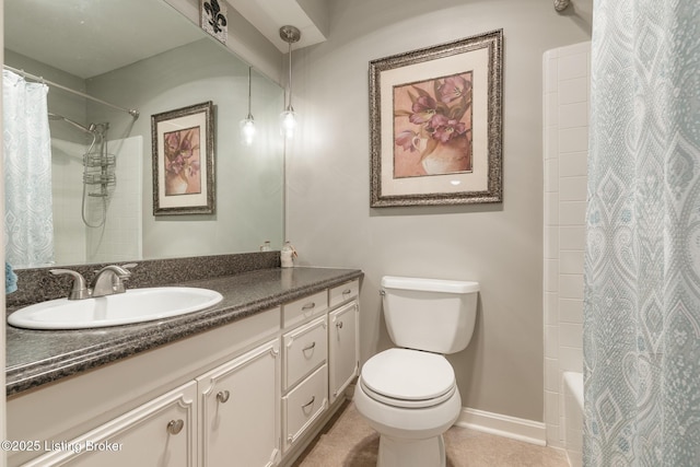 full bathroom with tile patterned floors, vanity, toilet, and shower / tub combo with curtain