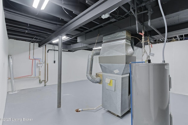 basement featuring water heater and heating unit