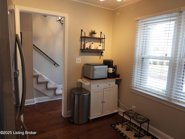 interior space with ornamental molding and dark hardwood / wood-style flooring