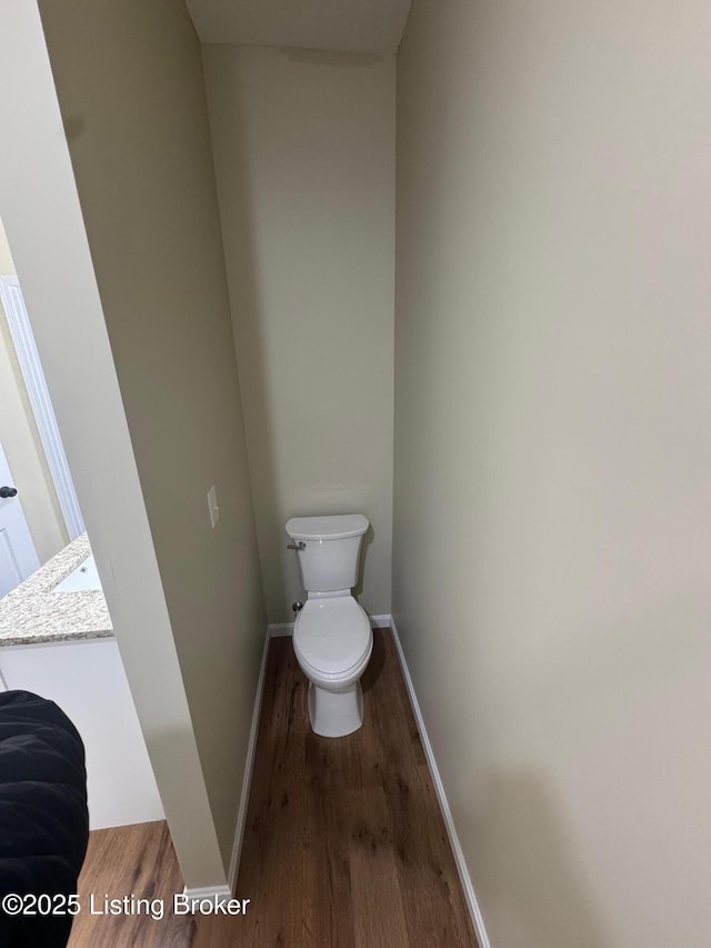 bathroom with vanity, hardwood / wood-style floors, and toilet