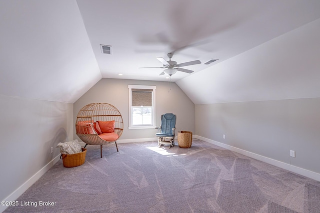 sitting room featuring lofted ceiling, carpet floors, and ceiling fan