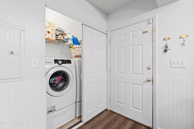 210 Hampton Place Ct, Louisville, KY 40118 - laundry room featuring dark wood-type flooring, electric panel, and washer and dryer
