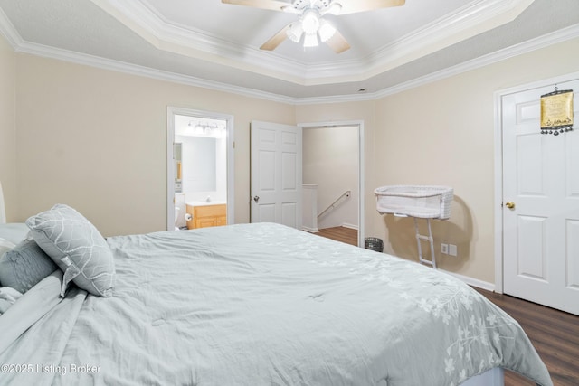210 Hampton Place Ct, Louisville, KY 40118 - bedroom featuring ceiling fan, ensuite bath, dark hardwood / wood-style floors, and a raised ceiling