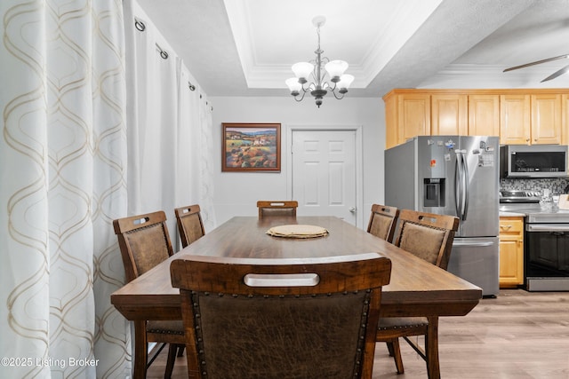 210 Hampton Place Ct, Louisville, KY 40118 - dining space with a raised ceiling, ornamental molding, ceiling fan with notable chandelier, and light hardwood / wood-style flooring