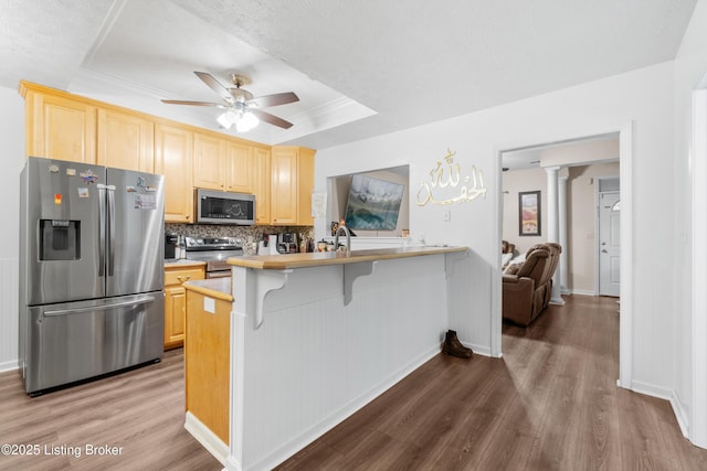 210 Hampton Place Ct, Louisville, KY 40118 - kitchen featuring light brown cabinetry, appliances with stainless steel finishes, a kitchen breakfast bar, kitchen peninsula, and a raised ceiling