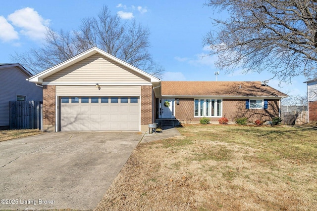 single story home featuring a garage and a front yard