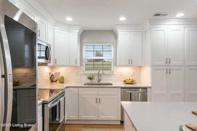 kitchen with white cabinetry, stainless steel appliances, sink, and tasteful backsplash