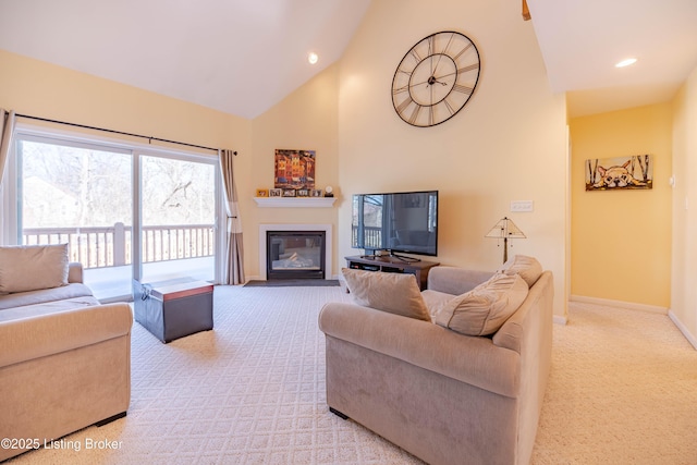 living room featuring light carpet and high vaulted ceiling