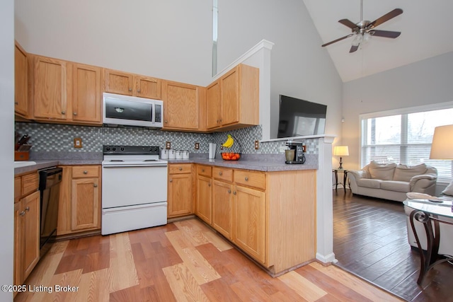 kitchen with dishwasher, decorative backsplash, light wood-type flooring, and white range with electric cooktop