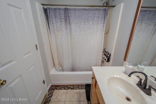 bathroom with vanity, shower / bath combo, and tile patterned floors