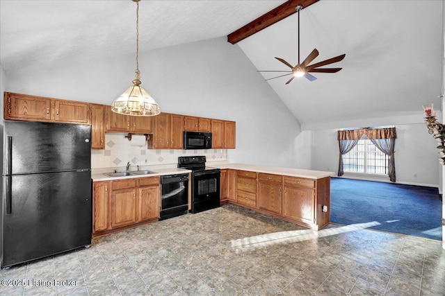 kitchen with pendant lighting, sink, backsplash, black appliances, and beam ceiling